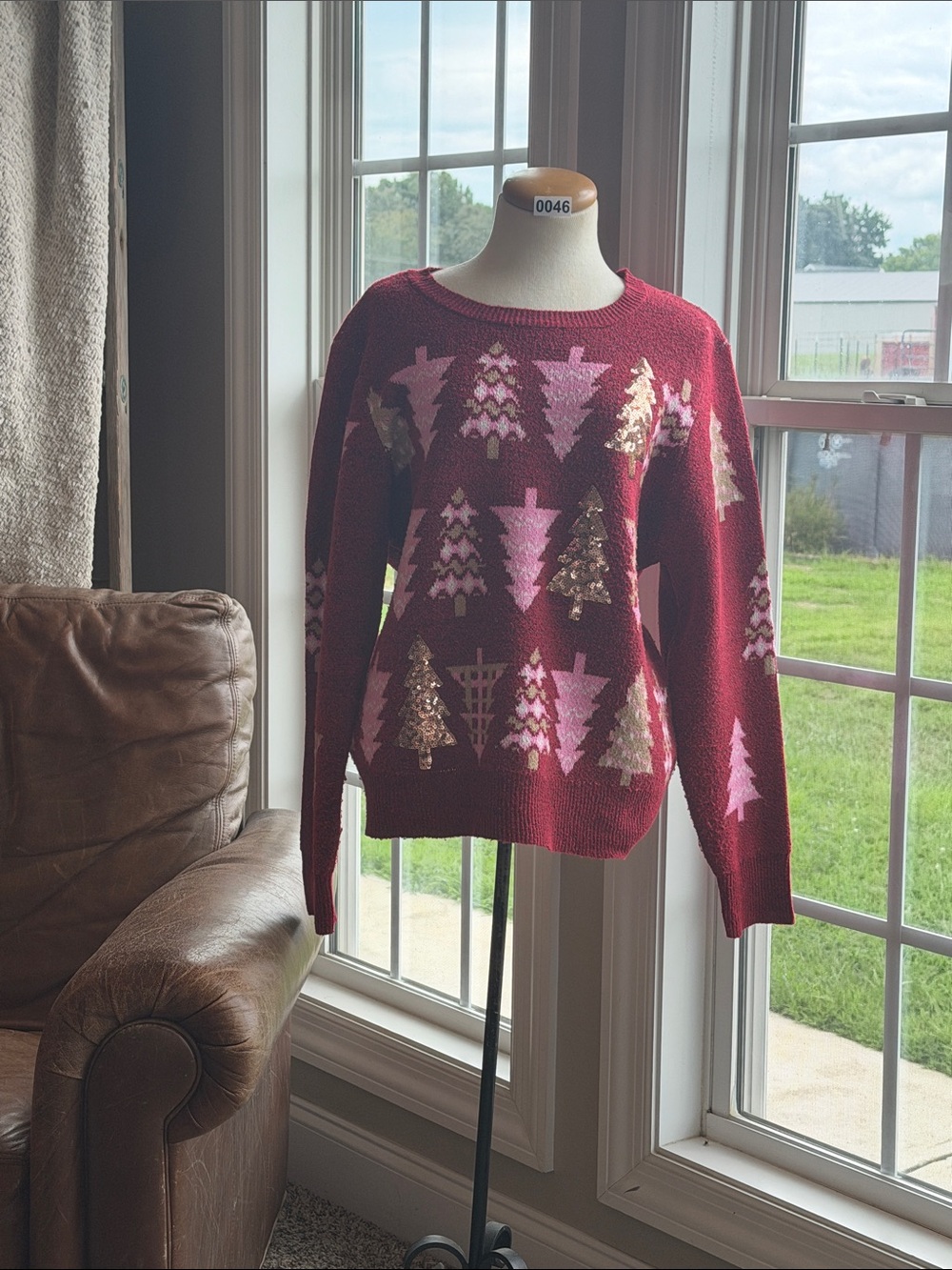 Award Winning Holiday Time Red Crewneck Sweater with Pink and Gold Tree Motifs